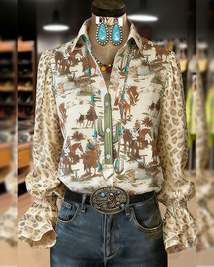 Lapel Vintage Print Puff Sleeve Shirt