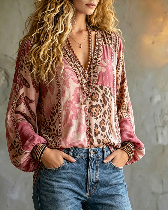 V-Neck Leopard Print Color Block Lantern Sleeve Blouse