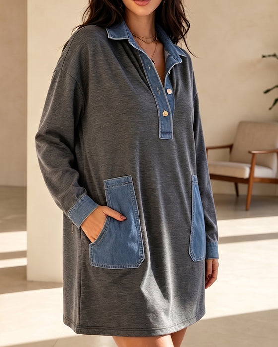 Polo Collar Denim Patchwork Dress