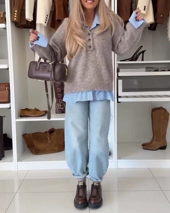 Long-Sleeved Button-Down Collar Pullover