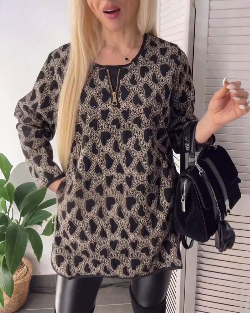 Heart-Print Zip-Front Top