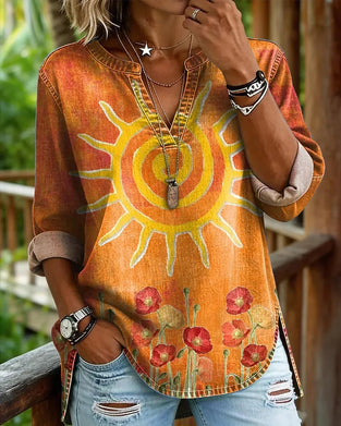 Sunflower Print V-Neck Top