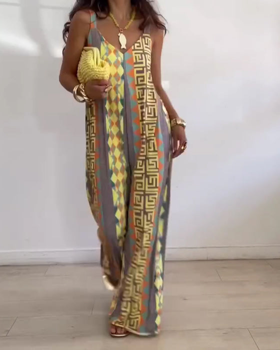 Geometric Print Spaghetti Strap Wide Leg Jumpsuit