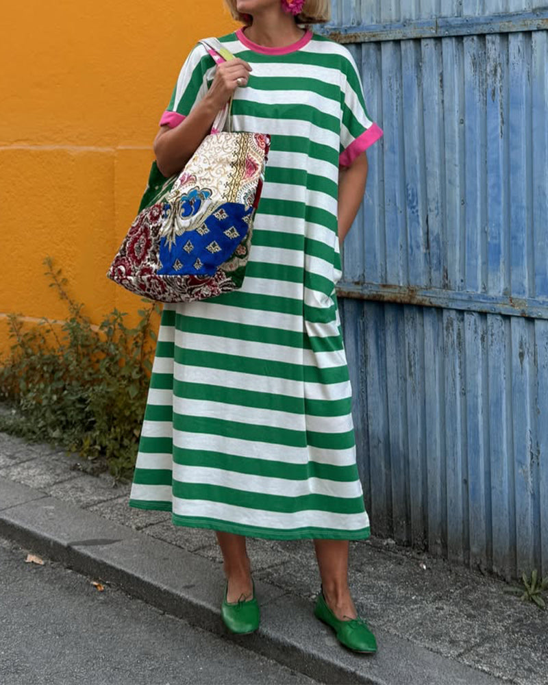 Crew Neck Color-Block Stripe Maxi Dress
