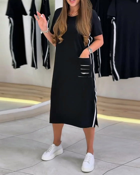 Side White Stripe Pocket Straight Dress