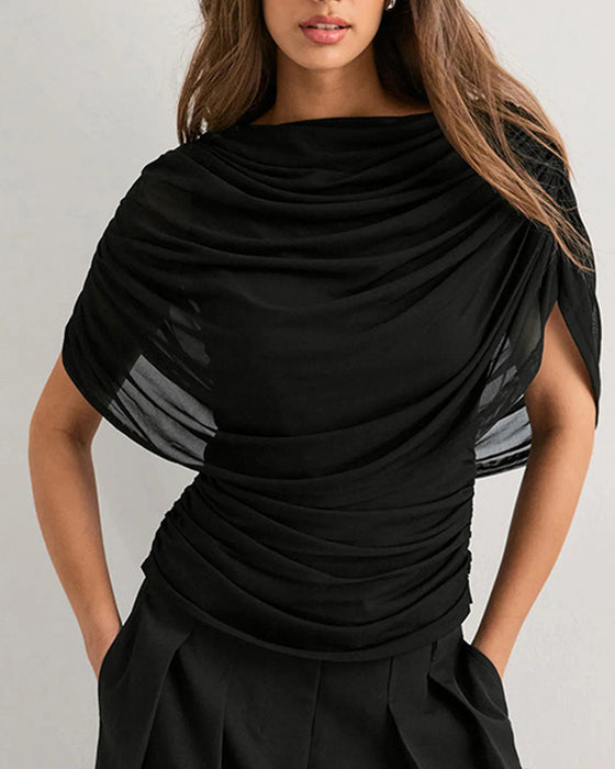 Mesh Scarf Neck Draped Slim Fit Blouse