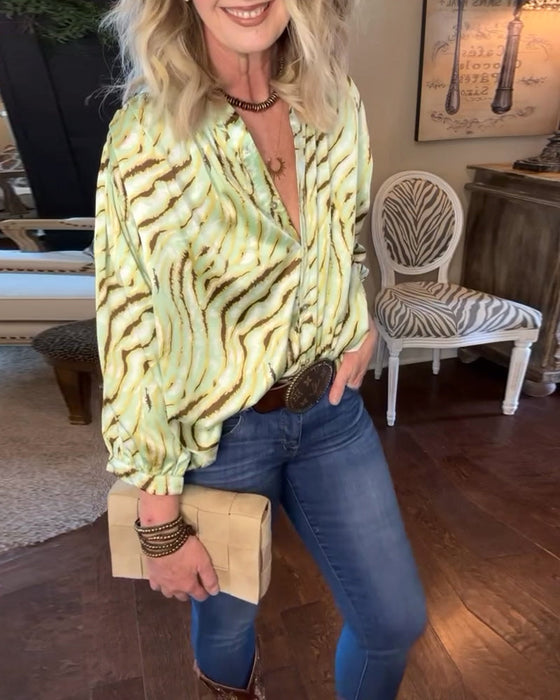 V-neck printed button down casual blouse