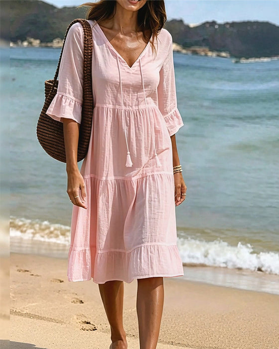 Flared Half Sleeve Tie Waist Dress