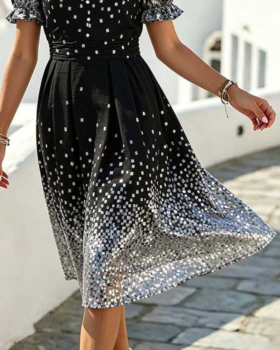 V-Neck Waist Bubble Sleeve Dress