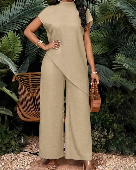 High Neck Asymmetrical Dropped Shoulder Wide Leg Set