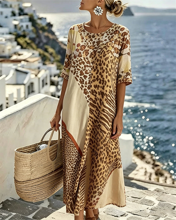 Leopard Print Crew Neck Patchwork Dress