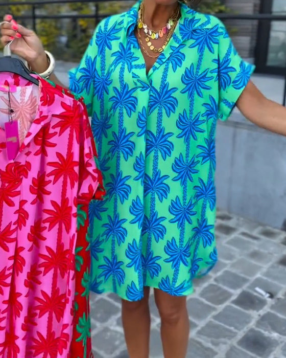 Lapel Collar Palm Tree Print Dress
