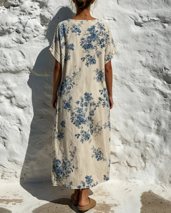 Crew Neck Vintage Blue Floral Dress