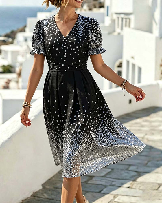 V-Neck Waist Bubble Sleeve Dress