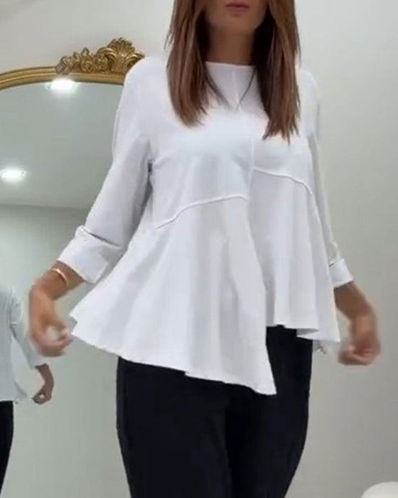 Crew Neck Patchwork Asymmetric Solid Top