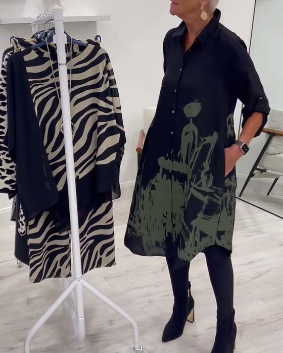 Contrast print lapel button casual dress