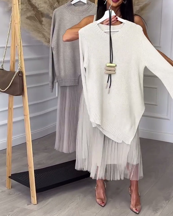 Crew Neck Irregular Pullover And Skirt Two-Piece Set