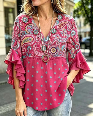 V-Neck Floral Polka Dot Ruffle Blouse
