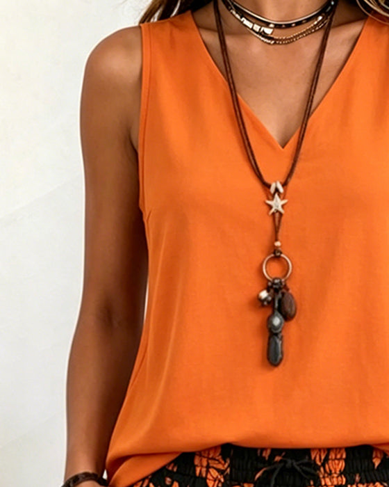 V-Neck Sleeveless Top and Print Shorts Sets
