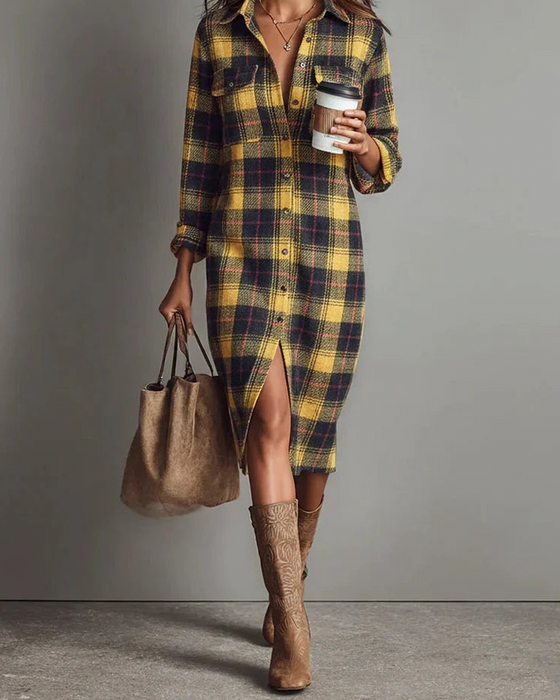Shirt Collar Plaid Long Sleeve Dress