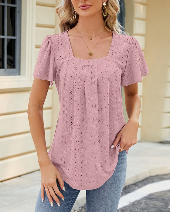 Square neck pleated short sleeve top
