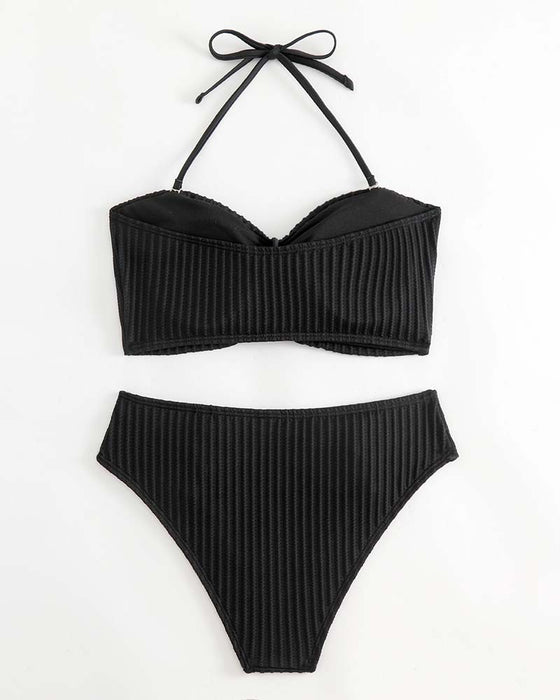 Halter Solid Color Striped Swimsuit