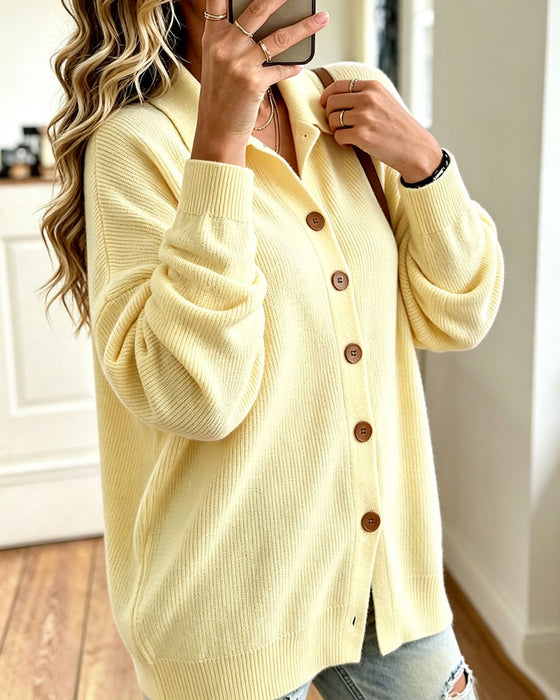 Lapel Buttoned Dropped Sleeve Cardigan