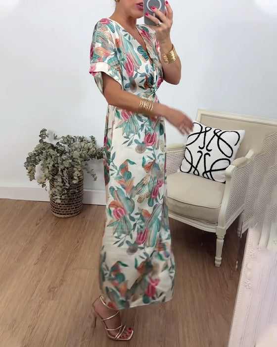 Botanical print v-neck twist elegant dress