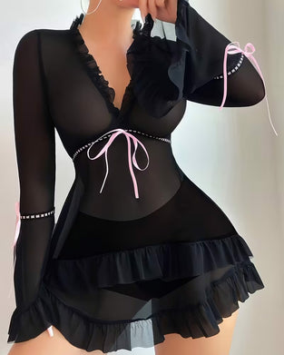 Long Sleeve Lace-Up See-Through Sleep Dress