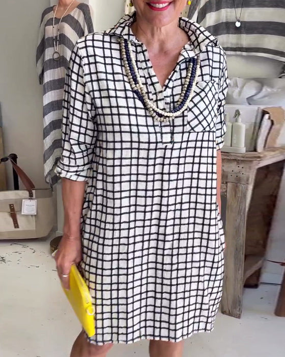 Plaid lapel pocket loose dress