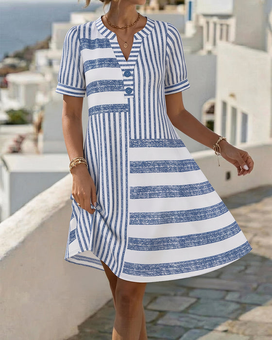 Patchwork Stripe Short-Sleeve Short Dresses