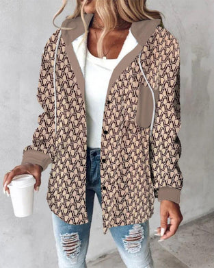 Casual printed pocket lace-up hooded coat