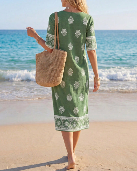 Ethnic Petite V-Neck Slit Dress