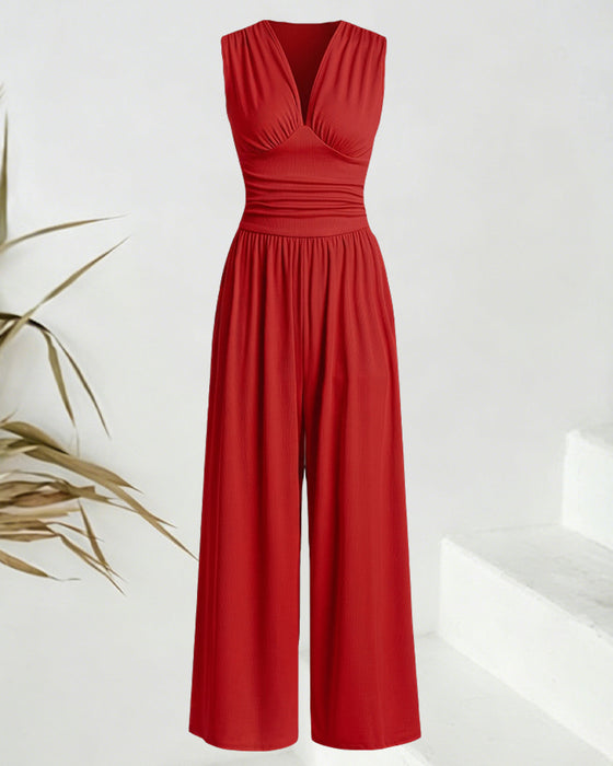 Solid Ribbed Sleeveless Jumpsuit