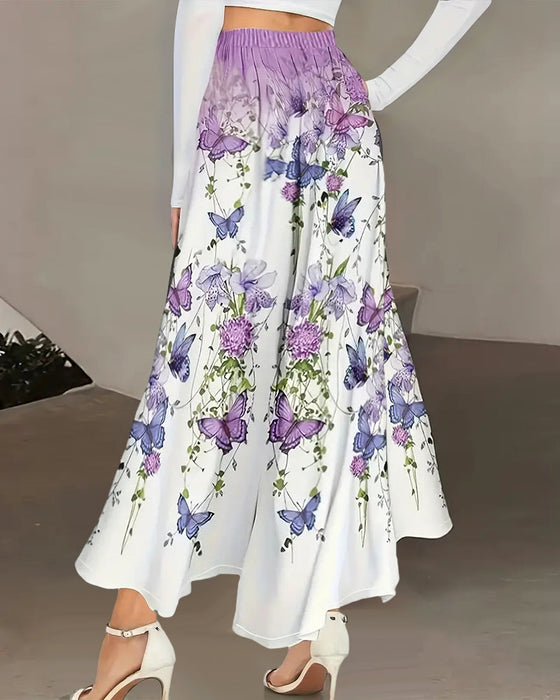 Butterfly print pocket wide leg pants