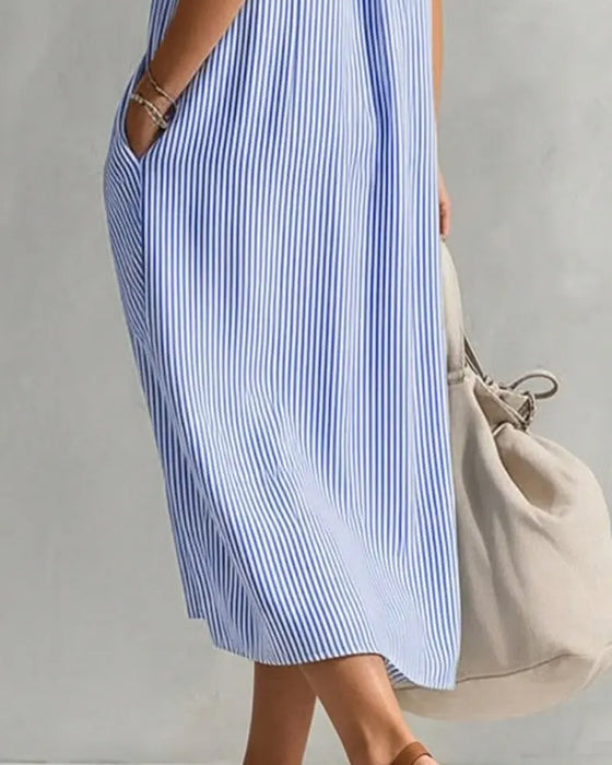 Sleeveless Lapel Striped Dress