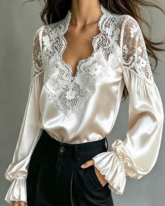 V-Neck Ruffle Lace Cutout Blouse