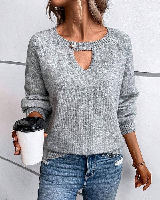 Solid Color Sweater with Hollow Long Sleeve