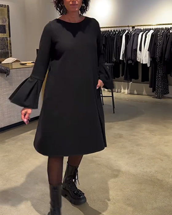 Solid Flare Sleeve Shirred Dress