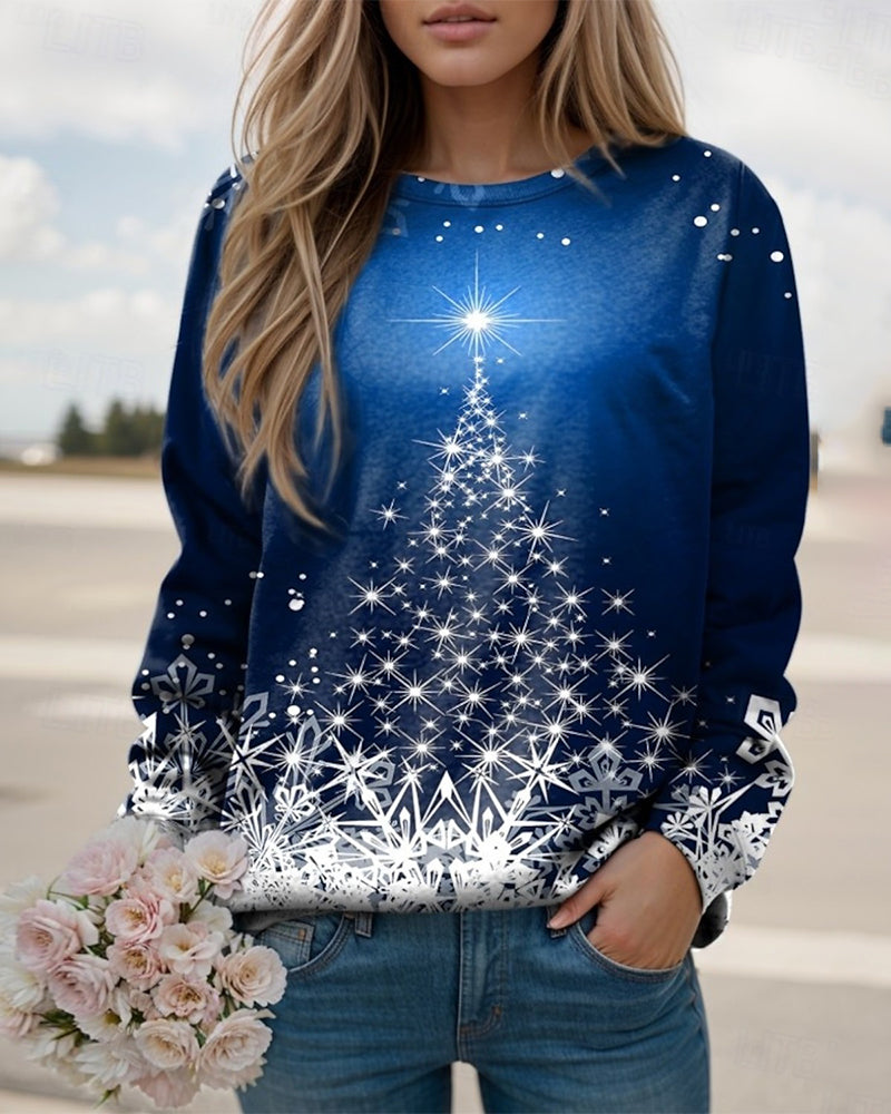 Crew Neck Christmas Tree Print Sweatshirt