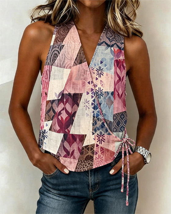 Casual Print Lace Up Blouse