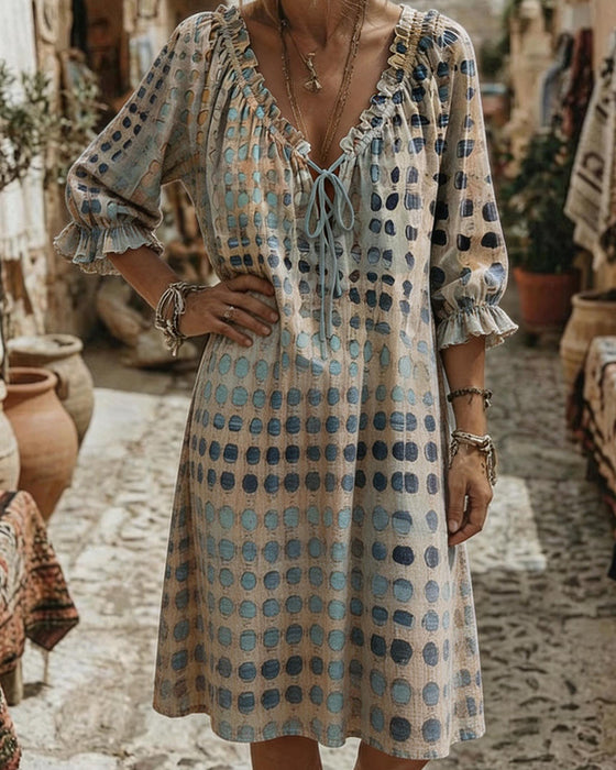 Blue Tone Polka Dot V-Neck Dresses