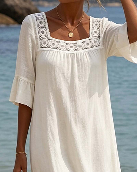 Square Neck Lace Ruffle Cutout Dress