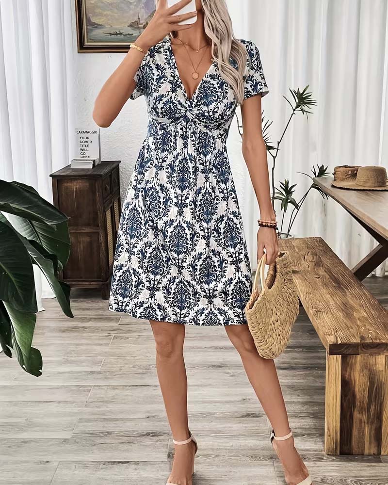 V-Neck Ruched High Waist Bohemian Dress
