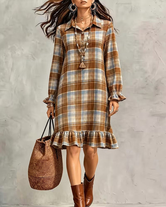 Lapel Button Plaid Dress