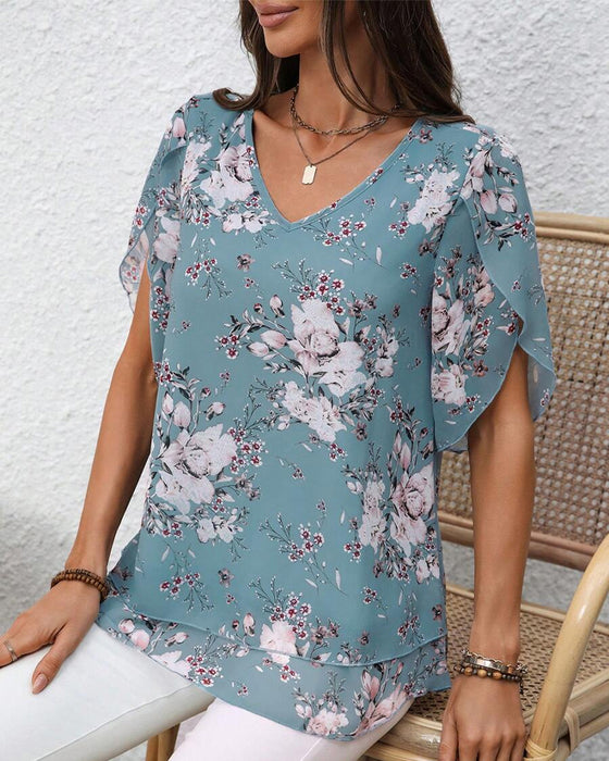 Petal Sleeve V-Neck Printed Blouse