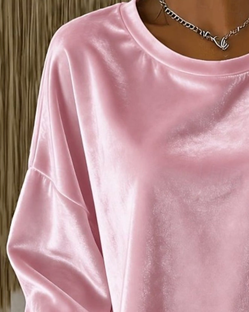 Crew Neck Drop Shoulder Relaxed Long Sleeve Blouse