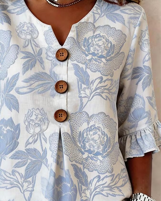 Printed Ruffled Cuff Blouse