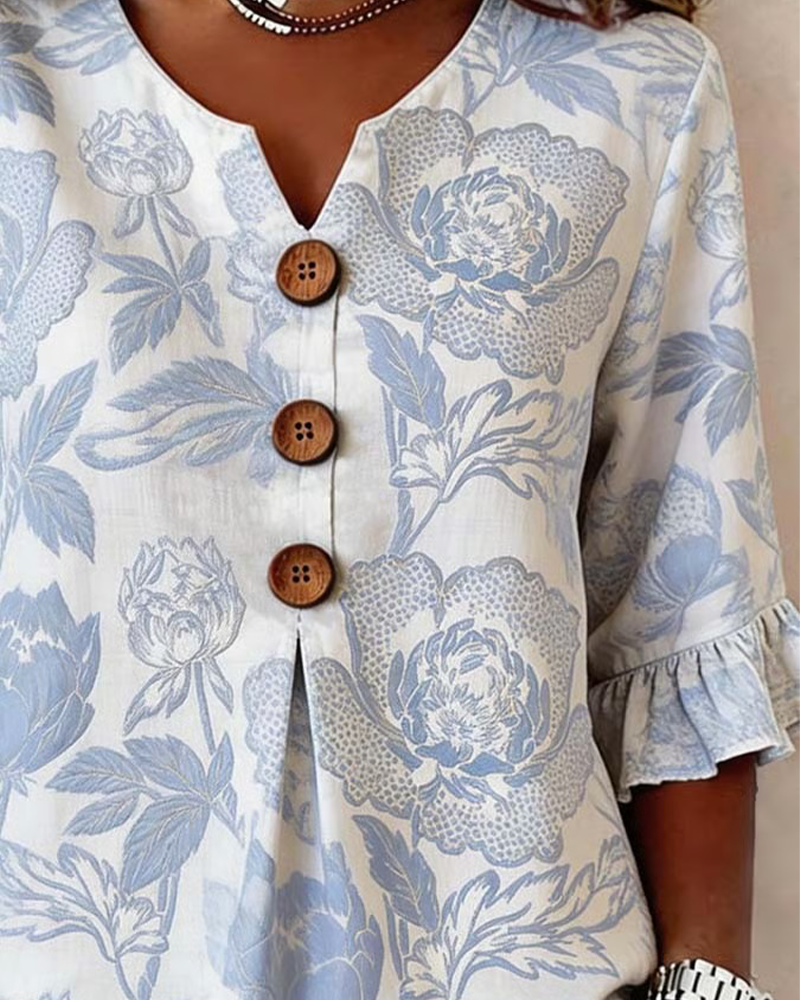 Printed Ruffled Cuff Blouse