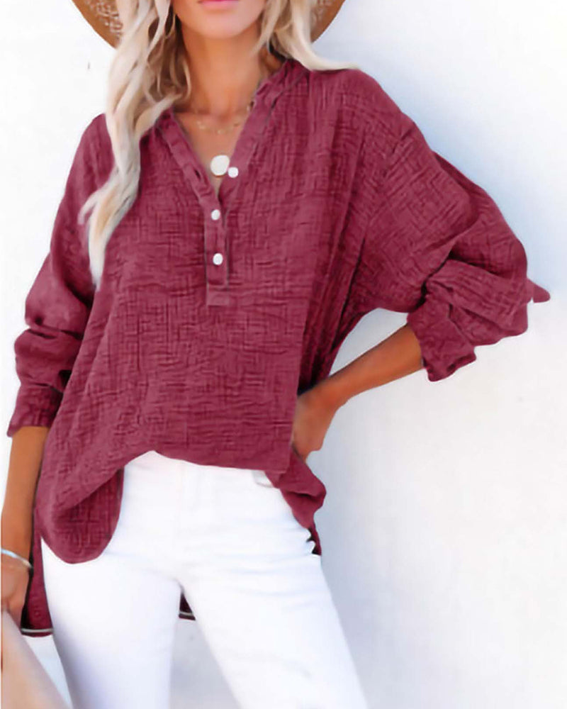 Pleated Button Long Sleeve Blouse